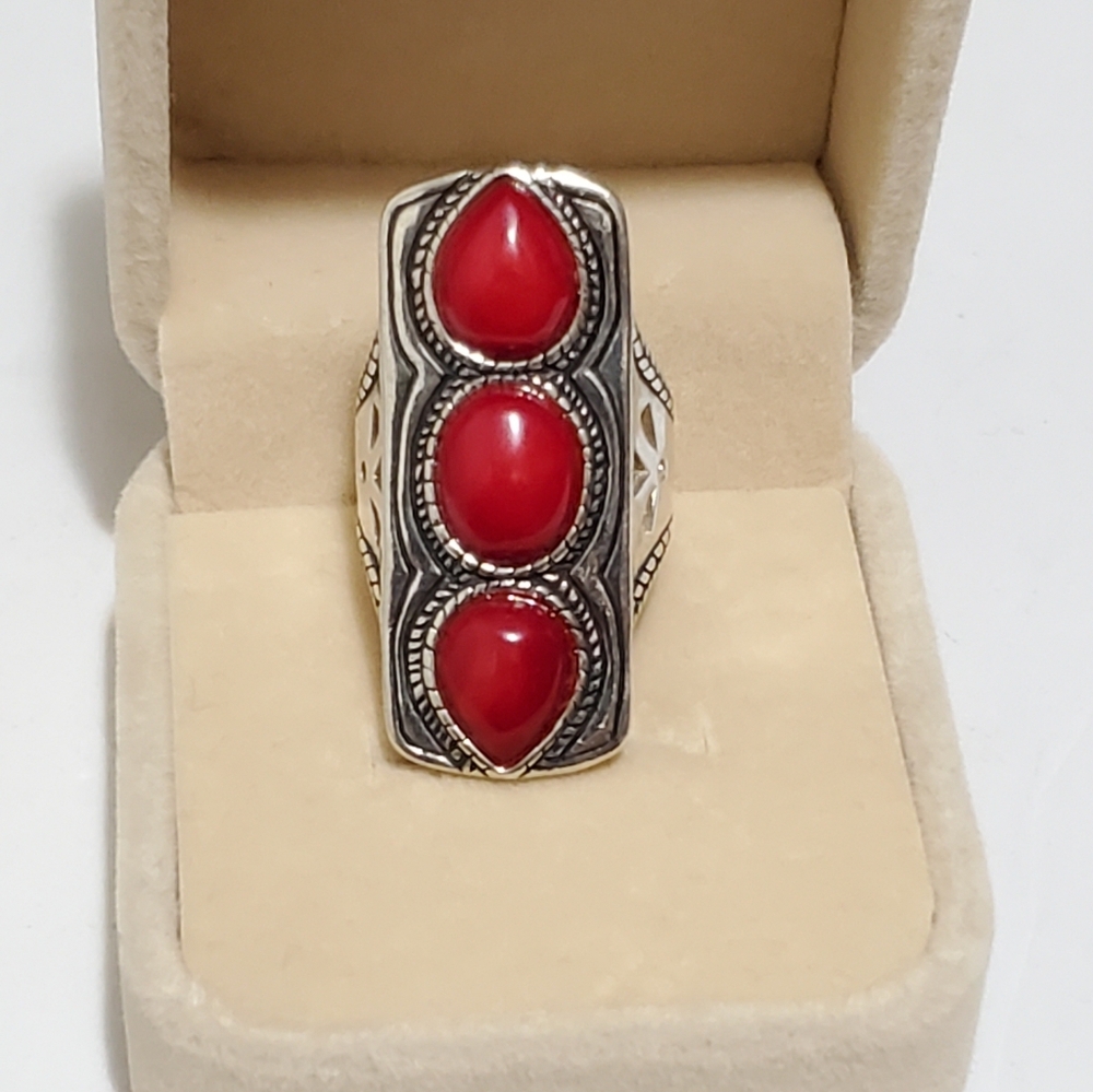 Deep Red Corals Sterling Silver 925 Ring